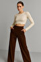 Women's Brown Pocketed Wide Leg Corded Fabric Pants - 6