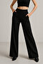 Women's Black Pocketed Wide Leg Corded Fabric Pants - 2