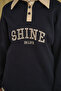 Women's Leather Collar Embroidered Sweat Navy Blue - 6