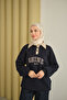 Women's Leather Collar Embroidered Sweat Navy Blue - 3
