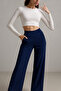 Women's Navy Blue Wide Leg Corded Fabric Pants with Pockets - 4