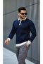 Men's Navy Blue Stretch Fabric Slim Fit Half Zipper Knitwear Sweater - 3