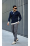 Men's Navy Blue Stretch Fabric Slim Fit Half Zipper Knitwear Sweater - 4