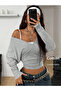 Women's Gray Double-Breasted Collar Long Sleeve Crop Blouse - 3