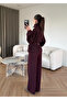 Mock Neck Piece Belted Knitwear Set Plum - Claret Red - 3