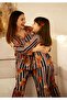 Mother & Daughter Red Navy Blue Stripe Tedy Bear Themed Soft Shirt Suede Pajama Set - 4