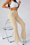 Beige Corded Fabric High Waist Flared Women's Trousers, Stretchy Knit Fabric Flared Pants - 5