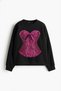 Sassy Corset Printed Hoodless Relaxed Fit Women's Black Sweatshirt