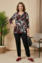 Women's Plus Size Stretch Fabric Crew Neck Mixed Patterned Three-Quarter Sleeve Mother T-Shirt Jersey Blouse - 3