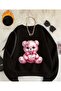 Pink Teddy Bear Print Detailed Crew Neck Sweatshirt