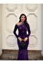 Glittery Crepe Fabric One-Shoulder Stone Embroidery Detailed Evening Dress 583373 PURPLE - 3