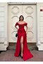 Stretchy Crepe Fabric, Sleeve Pleat Detailed Tailed Evening Dress 583379 Red - 3