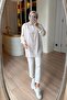 V-Neck Sleeve Detail Mercerized Hijab Cardigan - Beige - 3