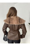 Women's Brown Belted Fur Collar Leather Jacket Winter - 8
