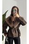 Women's Brown Belted Fur Collar Leather Jacket Winter