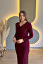 Degaje Yaka Shoulder Pad Piece Draped Burgundy Elegant Dress - 5