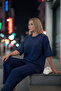 Women's Navy Blue Oversized Stone-Detailed Lycra Stretchy Fit Stylish Event-Ready Top and Bottom Two-Piece Suit - 5
