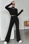 Women's Black High Neck Crop Top and High Waist Sweatpants Set Sporty Stylish Combination - 6