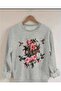 Pink Rose Print Detailed Crew Neck Sweatshirt