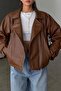 New Season Tan Women's Balloon Sleeve Bomber Leather Jacket