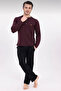 Men's Long Sleeve Placketed Thin 50% Cotton 50% Modal Pajama Set-Burgundy Black-6332 - 3