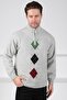 A.Grey/Green Turtleneck Zippered Green and Black Patterned 100% Lamb Wool Men's Knitwear Sweater - 2