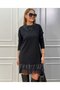 Women's Long Sleeve Crew Neck Hem Leather Lace Viscose Two Thread Midi Dress - 4