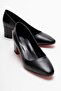 Women's Mirrored Heel Covered Block Heel Shoes; Black Leather