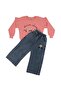 Girl's Pink Blue Floral Embroidered Denim Pants Two-Piece Set