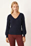 Women's Navy Blue Front Back V-Neck Tie Back Blouse Arm-26K001080 - 2