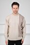A.Beige Crew Neck Stripe Detailed 100% Lamb Wool Men's Knitwear Sweater