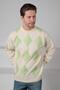 Ecru/Green Crew Neck Diamond Patterned 100% Lamb Wool Men's Knitwear Sweater - 3