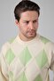 Ecru/Green Crew Neck Diamond Patterned 100% Lamb Wool Men's Knitwear Sweater - 4