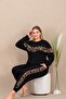 Women's Black Leopard Detail Plus Size Pajama Set, Long Sleeve, with Pockets, Tight Leg, Viscose Fabric - 2