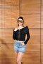 Women's Black Faux Fur Collar Zipper Off Shoulder Strapless Blouse 7613 - 7