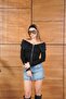 Women's Black Faux Fur Collar Zipper Off Shoulder Strapless Blouse 7613 - 4
