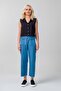 Women's Flared Jeans with Flap Pockets, Distressed Stitching, Elastic Waist, Slim Fit, Indigo Light Blue