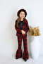 Girl's Red Lisbon Jacquard Plaid Jacket Pants Cap Bottom Top Set October 29 Show Outfit - 4