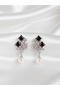 Black Stone, Pearl Dangle Evening Dress Zircon Earrings - 4