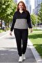 Women's Large Size Geometric Printed Half Fisherman Zippered Black Tracksuit Set - 2