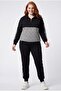 Women's Large Size Geometric Printed Half Fisherman Zippered Black Tracksuit Set