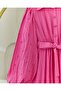 Pearl Detailed Balloon Sleeve Skirt Flounced Half Buttoned Crinkle Dress-Pink - 4