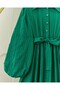 Pearl Detailed Balloon Sleeve Skirt Flounced Half Buttoned Crinkle Dress -Emerald - 5