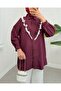 Button-Front, Lace-Front, Ruffled Striped Shirt - Burgundy - 8