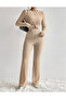 Beige Crew Neck Long Sleeve Twist Front Lycra Blouse Spanish Flare Pants Set, Lycra Beige Set - 5