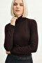 Women's Brown Mock Neck Soft Textured Basic Long Sleeve T-Shirt