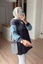 Knitwear Hijab Cardigan with Denim Detail on the Sleeves - Smoked - 3