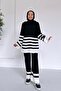 Double Color Striped Hijab Double Knitwear Set - Black