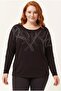 Women's Large Size Drop Stone Printed Black Blouse