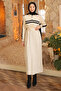 Cream Collar Zippered Corded Fabric Striped Knitwear Dress